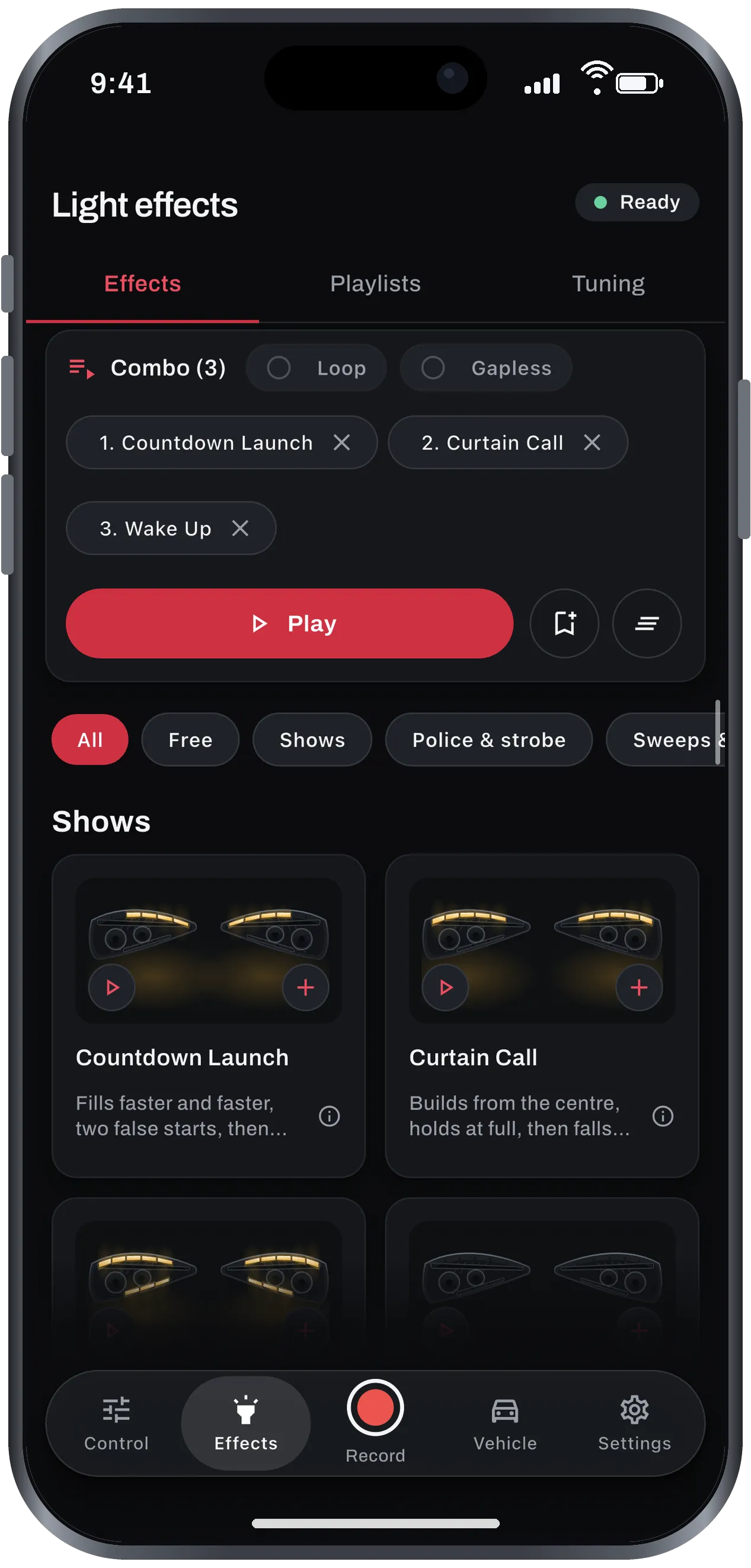 Effects screen with a three-step combo of Countdown Launch, Curtain Call and Wake Up, with Loop and Gapless toggles and a Play button