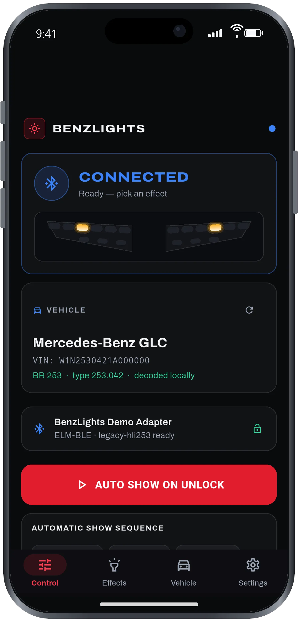 Control screen: connected to a Mercedes-Benz GLC, headlight graphic, and the Auto Show on Unlock button