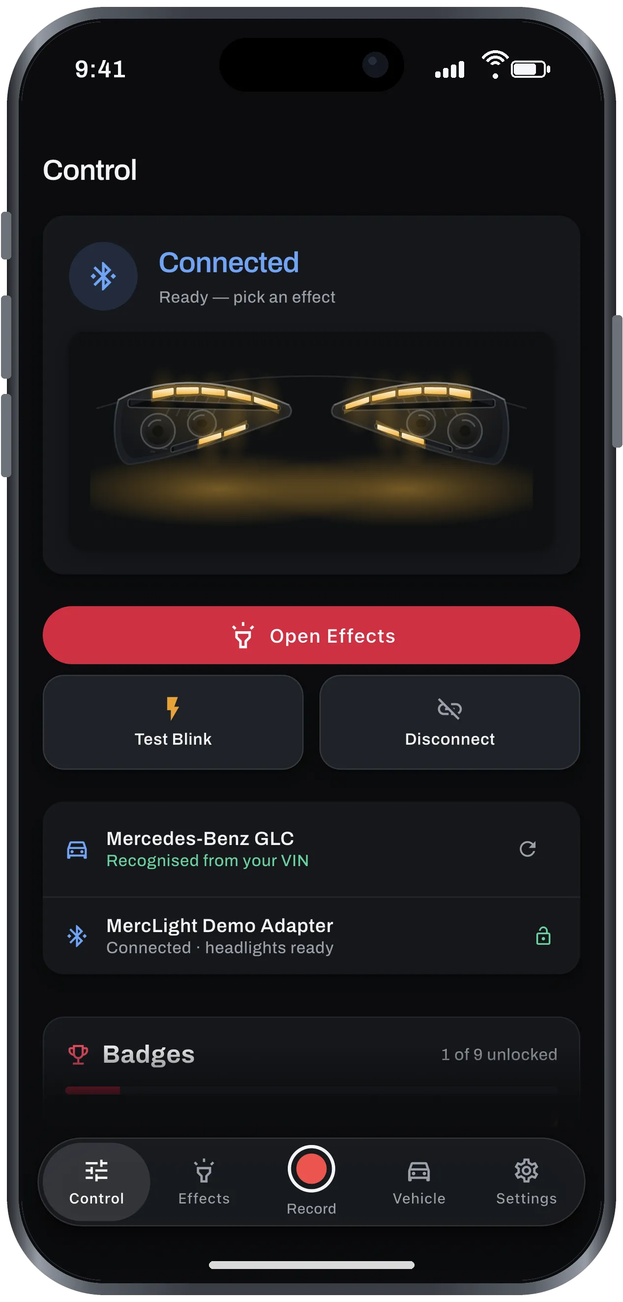 Control screen: connected to a Mercedes-Benz GLC, with the lit headlight graphic and the Open Effects button