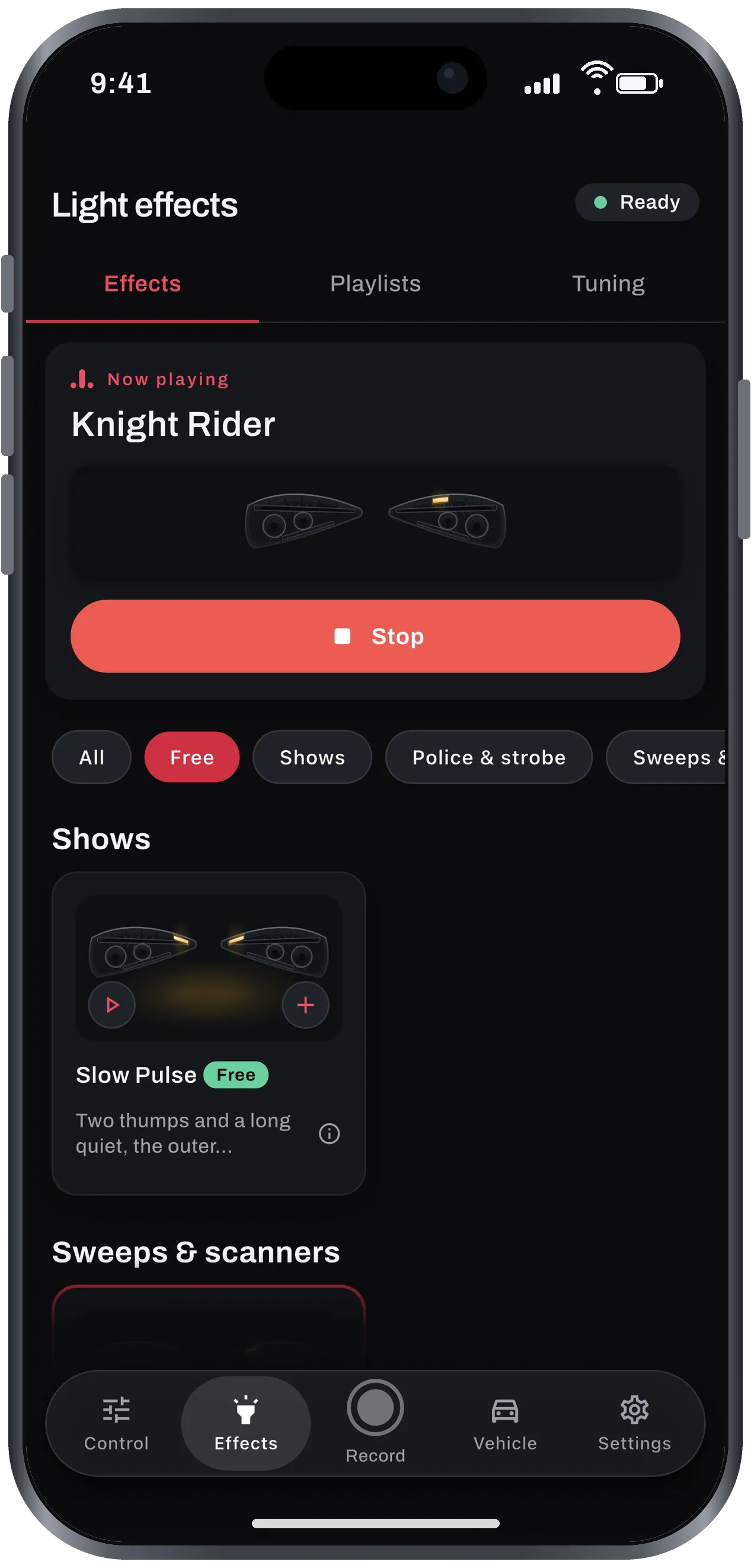Effects screen with Knight Rider playing, a Stop button, and filters for free effects, shows and police strobes