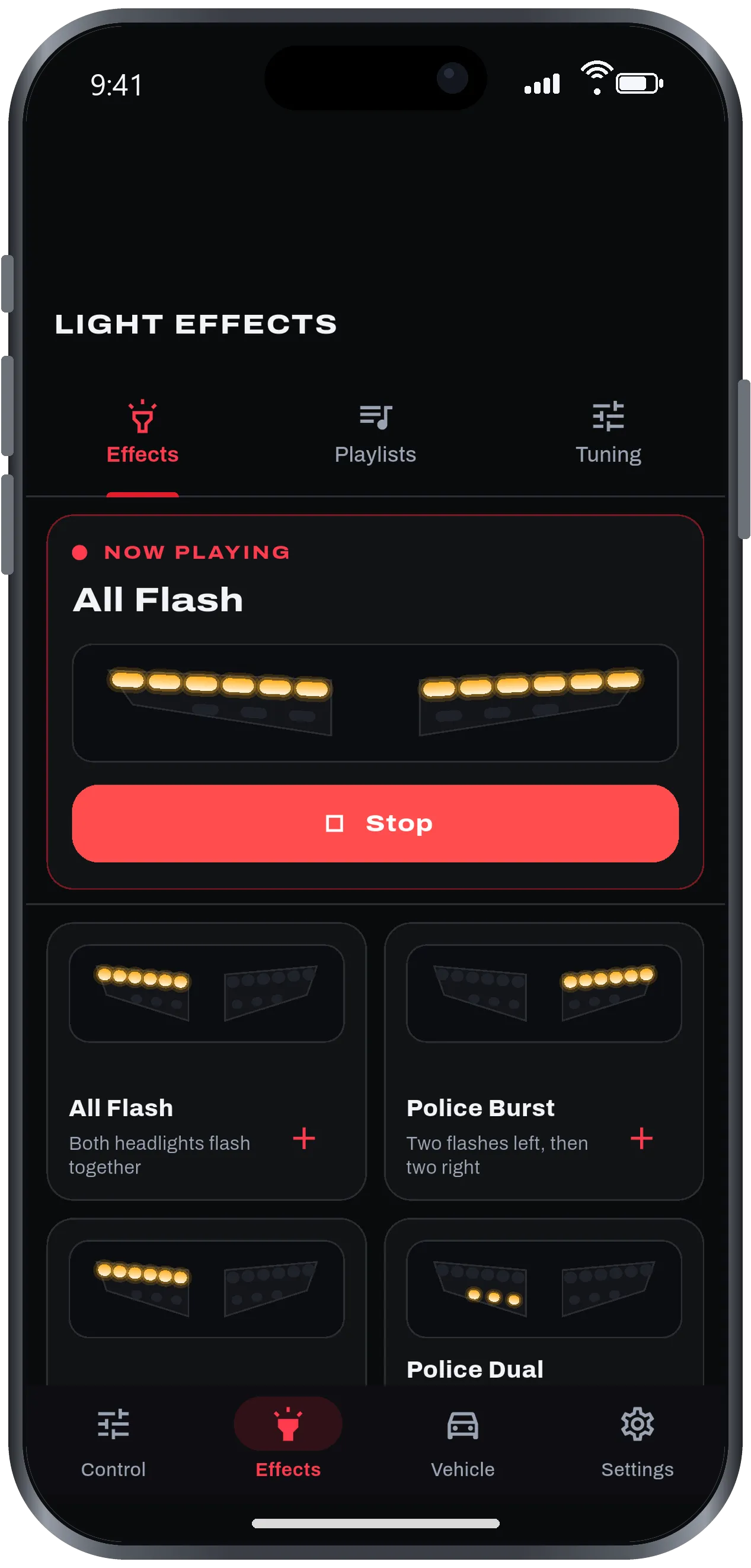 Effects grid with the All Flash effect playing and a Stop button