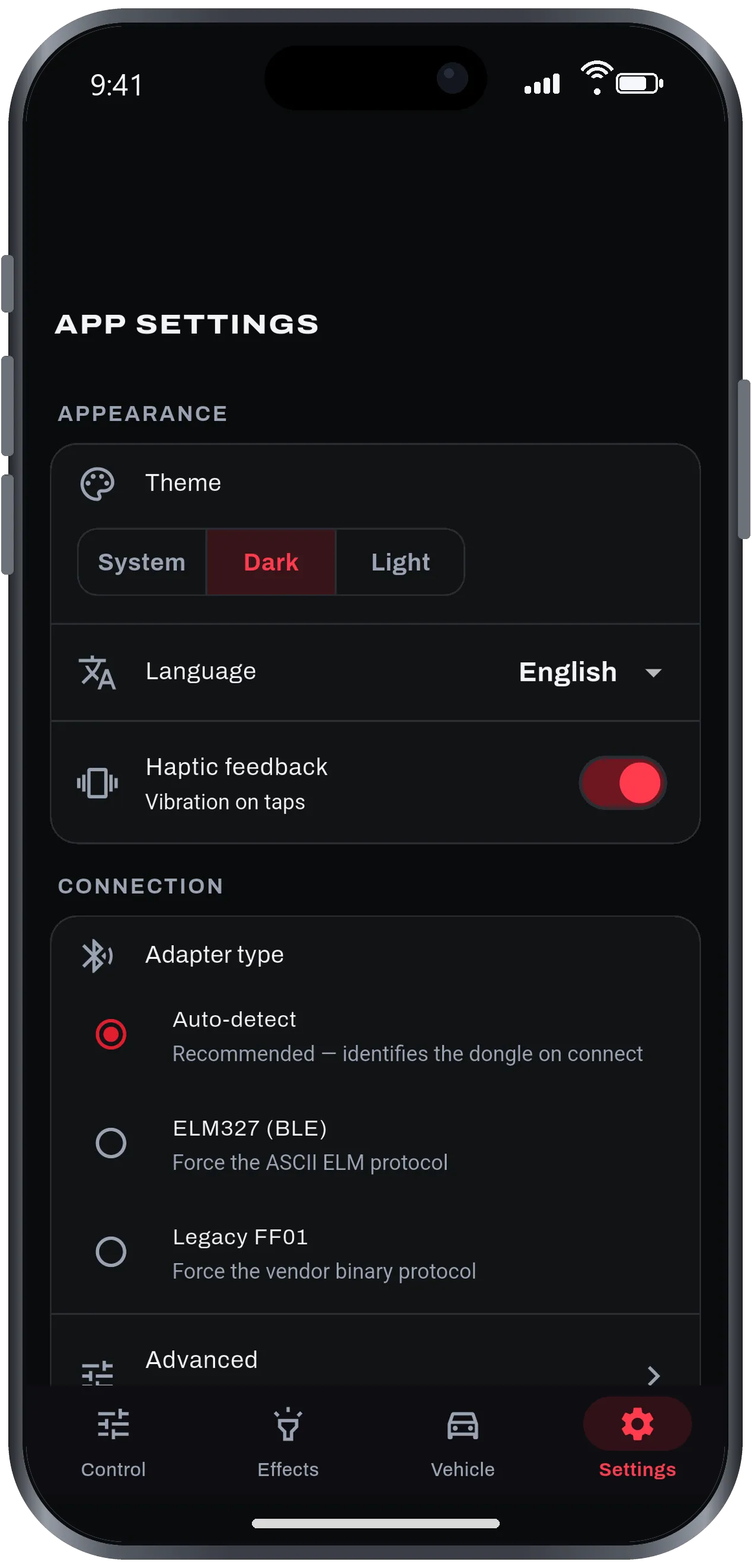 Settings: theme, language, haptics and adapter type