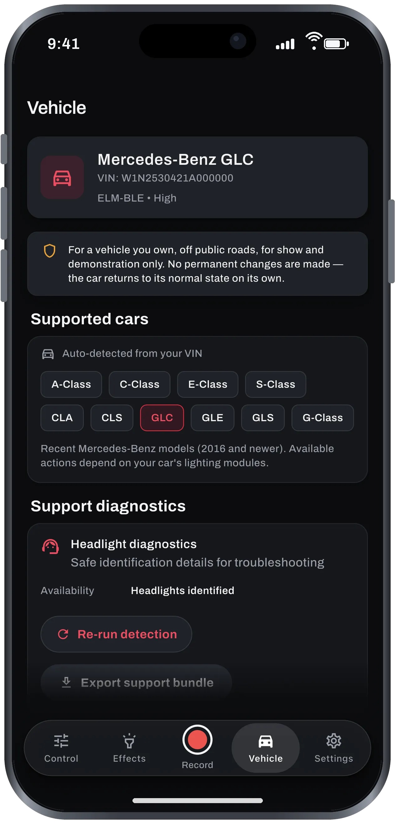 Vehicle screen showing the identified car and the supported models