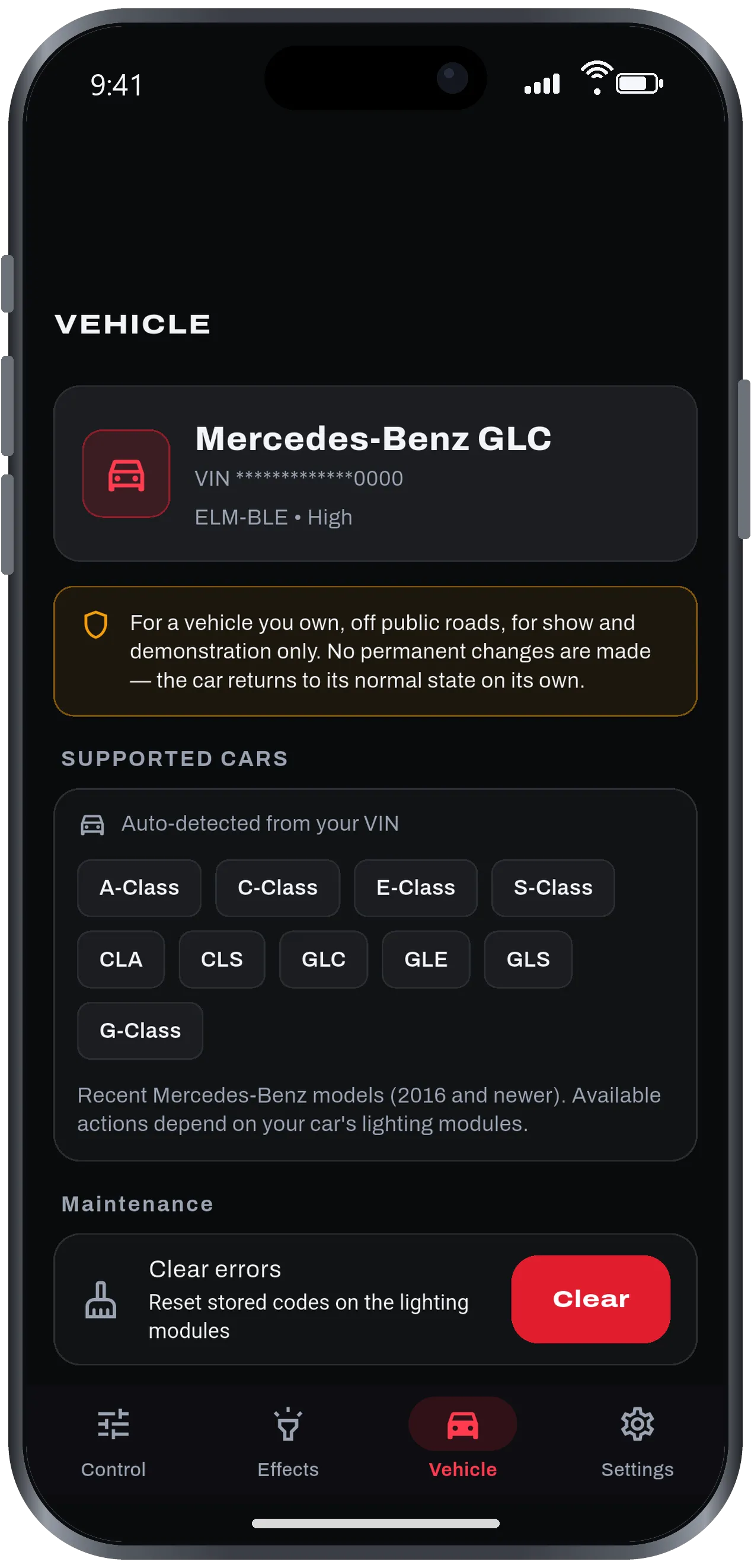 Vehicle screen showing the identified car, supported models and Clear errors